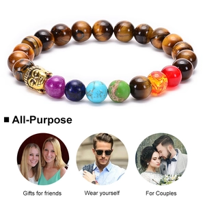 Detailed view of Buddha head tiger eye chakra bracelet with lifestyle gift scenarios