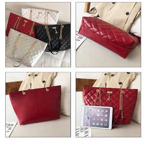 Quilted tote bag detail showing large capacity, base structure, and size comparison
