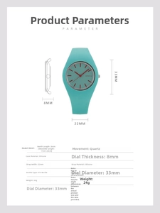 Detailed parameter display of sky blue silicone quartz watch with dimensions and weight