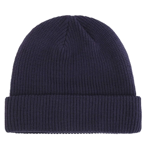 Detailed view of dark blue ribbed knit beanie with thick cuff texture for winter
