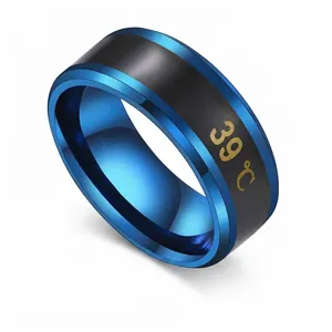 Men's fashion stainless steel thermochromic ring with blue and black temperature display