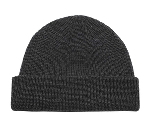 Close-up of thick knit texture and wide folded brim on dark grey docker beanie cap