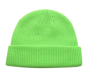 Detail view of the chunky ribbed knit texture on a bright neon green winter beanie hat