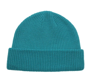 Close-up of lake blue knit beanie with thick texture and ribbed cuff detail