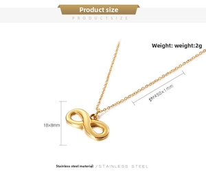 Detail view of 18K gold plated infinity pendant showing precise 18x8mm size on stainless steel chain