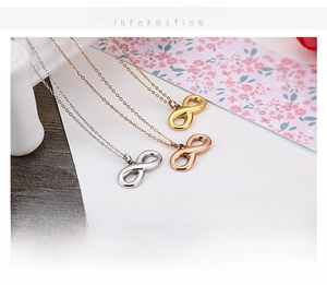 Three-color infinity pendant necklaces in silver, gold, and rose gold finishes