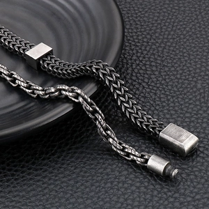 Retro stainless steel men's hip hop bracelet in antique silver finish on black leather
