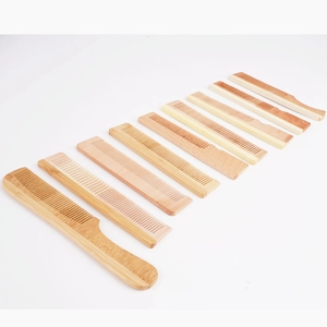 Detailed overhead view of eight different types of bamboo and wood hair combs on white
