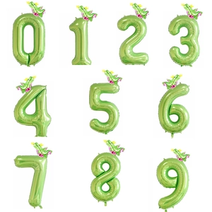 Green foil number balloons from zero to nine featuring small dragon toppers for party decoration