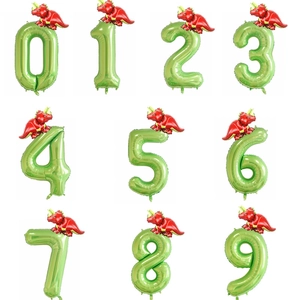 Green foil number balloons from zero to nine with red triceratops dinosaur decorations