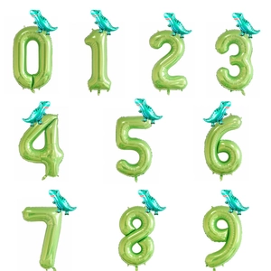 Green foil number balloons from 0 to 9 with mini cartoon T-Rex dinosaur decorations