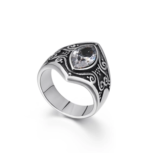 Vintage stainless steel ring with marquise cut clear zircon and floral engraving