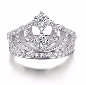 Classic crown ring in silver finish with micro-pave white zircon crystals for women