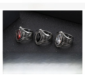Retro stainless steel rings with marquise cut gemstones and ornate scroll engravings