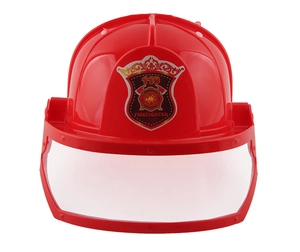 Dettaglio di un casco da pompiere rosso per bambini con visiera mobile trasparente
