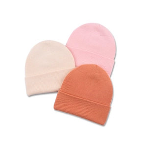 Dreierpack gerippte Strickmützen für Kleinkinder in Rosa, Beige und Karamell-Orange