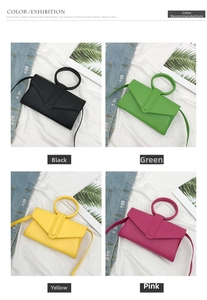 Collage dettagliato di borse a busta colorate in nero, verde, giallo e rosa tenue