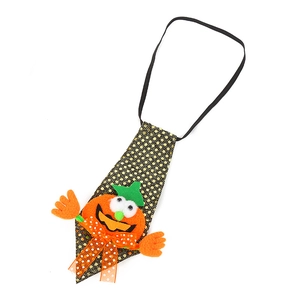 Halloween sequined pet necktie featuring a golden polka dot pattern and felt pumpkin man