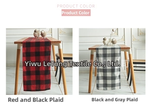 Detailed comparison of red-black and grey-black plaid table runners in a cozy home setting