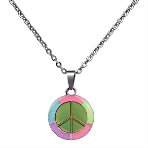Detail of colorful peace sign pendant with multi-color segments and silver link chain