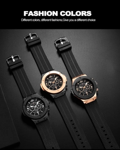 Macro detail of men's sporty chronograph watches with silicone straps and multi-dial faces