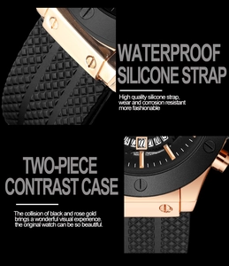 Detail of waterproof silicone strap and black rose gold case on a men's sport watch