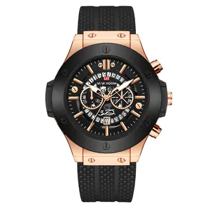 Waterproof sports watch for men with rose gold case, black bezel, and silicone strap