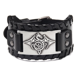 Vintage black leather bracelet featuring silver dragon totem and woven medieval design