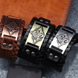 Vintage medieval dragon leather bracelets with embossed alloy charms and metal rivets