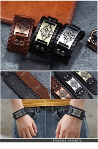 Set of three medieval dragon totem leather bracelets with Celtic knot metal plates