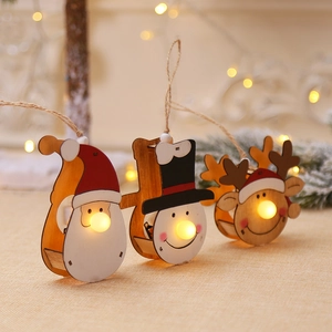 Luminous wooden Christmas ornaments set featuring Santa, Snowman, and Reindeer with LED lights