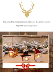 Close-up of LED glowing wooden Christmas ornaments featuring reindeer and Santa Claus