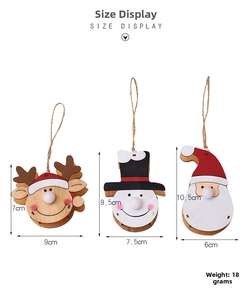 Size specifications for glowing wooden reindeer, snowman, and Santa ornaments