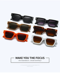 Detailed grid of vintage square sunglasses in six colors with metal rivet decor