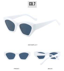 Three-angle view of white geometric PC frame sunglasses with dark lenses and 45-degree angle
