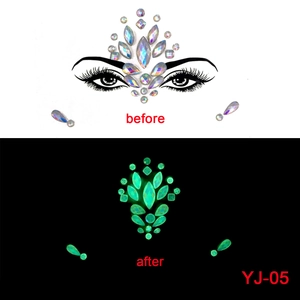 Luminous face jewels YJ-05 comparison showing day look and green glow in the dark effect