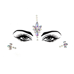 Detailed view of iridescent face gems on a white background with eye illustrations