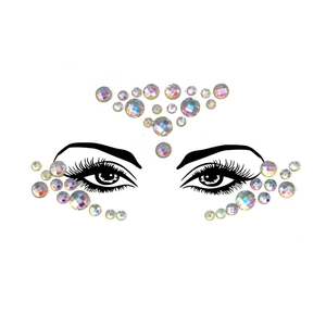 Detailed view of iridescent laser rhinestones on face for Halloween and EDM festival makeup