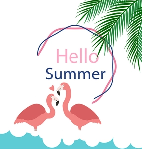 Close-up of Hello Summer design featuring pink flamingos and green palm leaves