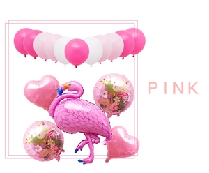 Pink flamingo party balloon set with heart-shaped foils and tropical round balloons