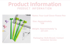 Detailed view of green four-leaf clover gel pen with weight and size specifications