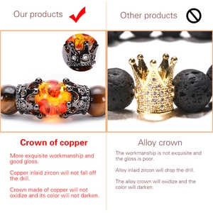 Detailed comparison of copper crown bead bracelet versus alloy showing superior zircon setting
