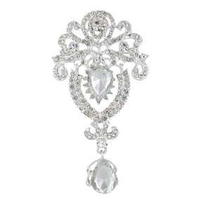 Silver vintage brooch with sparkling rhinestones and elegant pear-shaped crystals