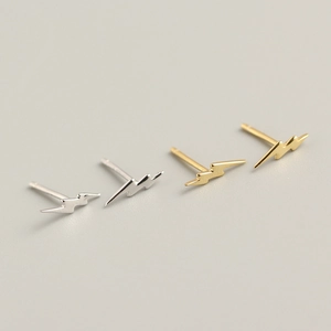 Minimalist S925 sterling silver lightning bolt stud earrings in gold and silver finishes
