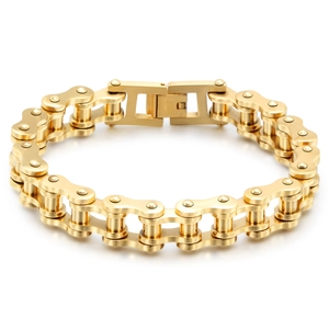 Polished golden stainless steel motorcycle chain bracelet with a secure clasp on white background