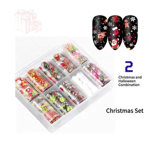 Christmas and Halloween nail foil transfer stickers set with 10 rolls in a storage box