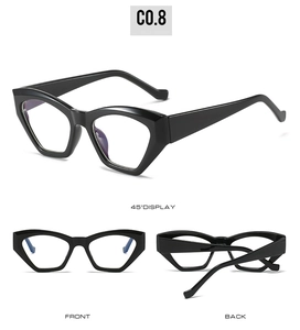 Detail view of black geometric cat-eye glasses showing front, back, and 45-degree angles