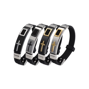 Adjustable men's silicone cross bracelets with stainless steel religious accents in four colors