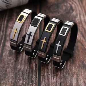 Adjustable religious silicone men's bracelets with cross metal plate in four color options