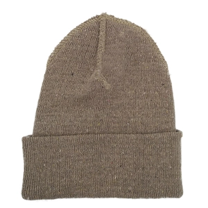 Detail of a brown knit beanie showing ribbed texture and folded cuff for winter warmth